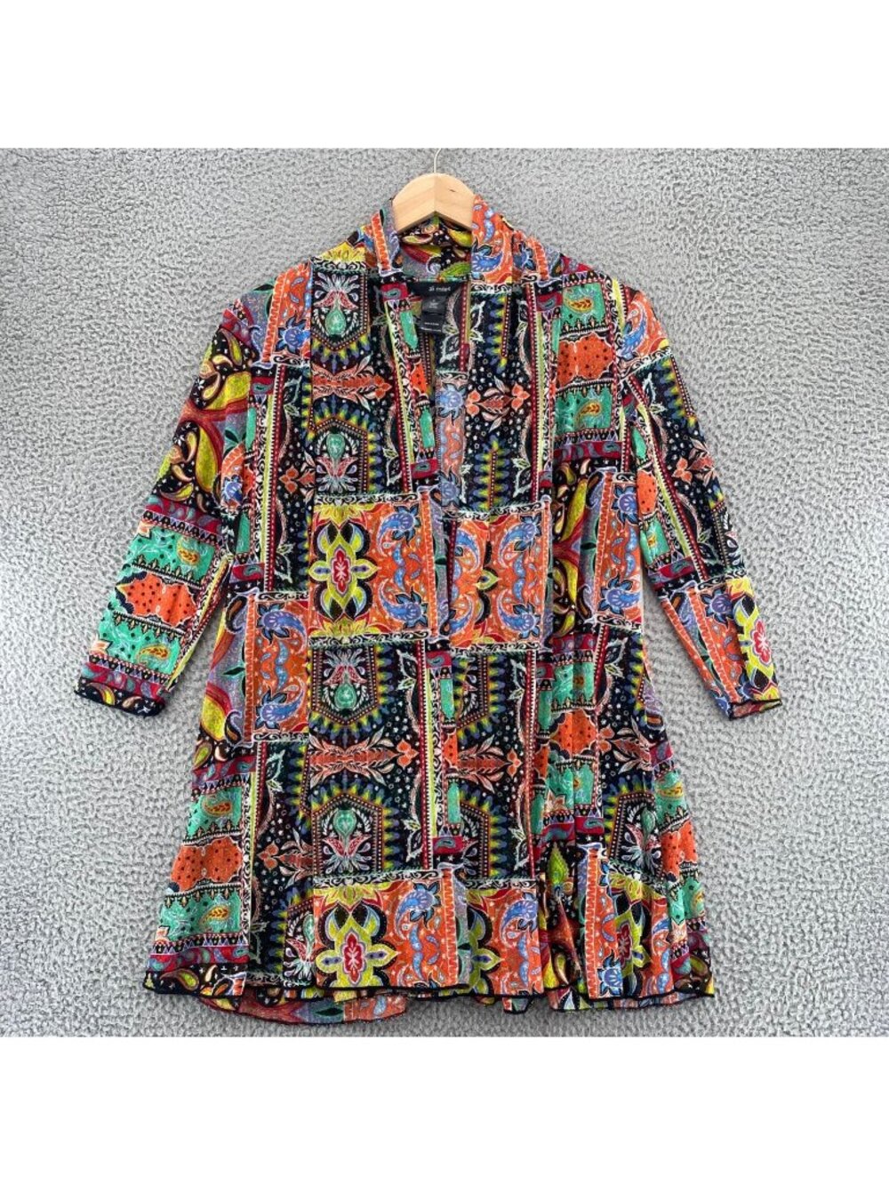 Ali Miles Topper Womens Small Multi Patchwork Art Cardigan 3/4 Sleeves Mesh NWT